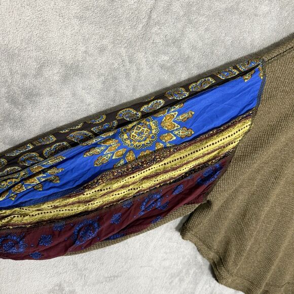 Free People We  The Free Top M Blossom Thermal Boho Green Patchwork Sleeves - Picture 3 of 8